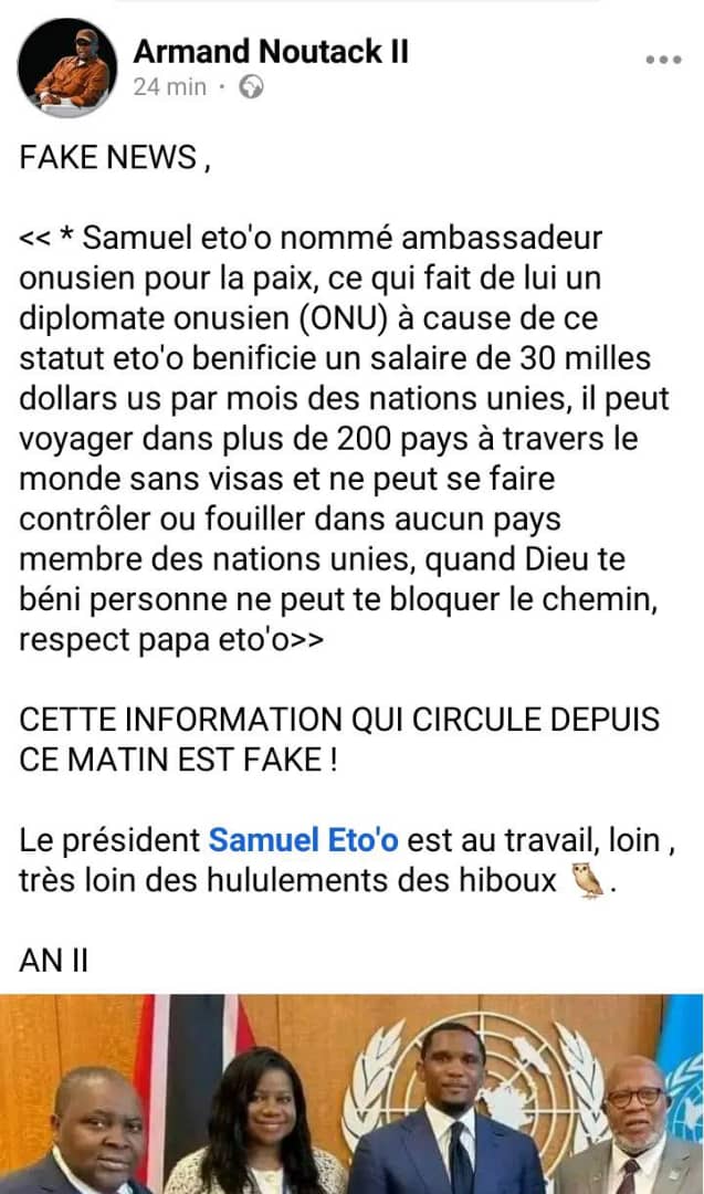 Capture d'écran - Un internaute dément la prétendue nomination de Samuel Eto'o à l'ONU.