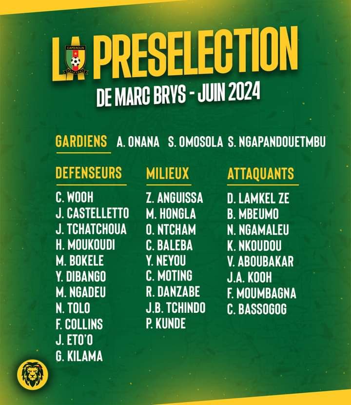 La liste des 30 présélectionnés de Marc Brys en vue du match Cameroun vs Cap Vert en juin 2024 - DR