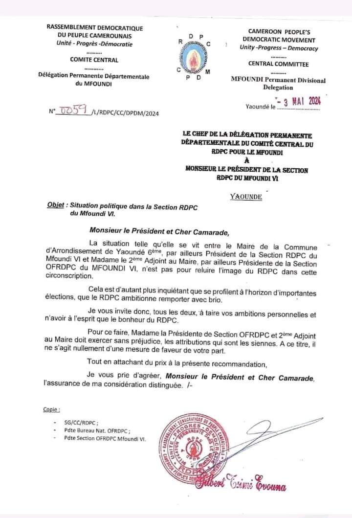 La correspondance de Tsimi Evouna à l'exécutif communal de Yaoundé 6